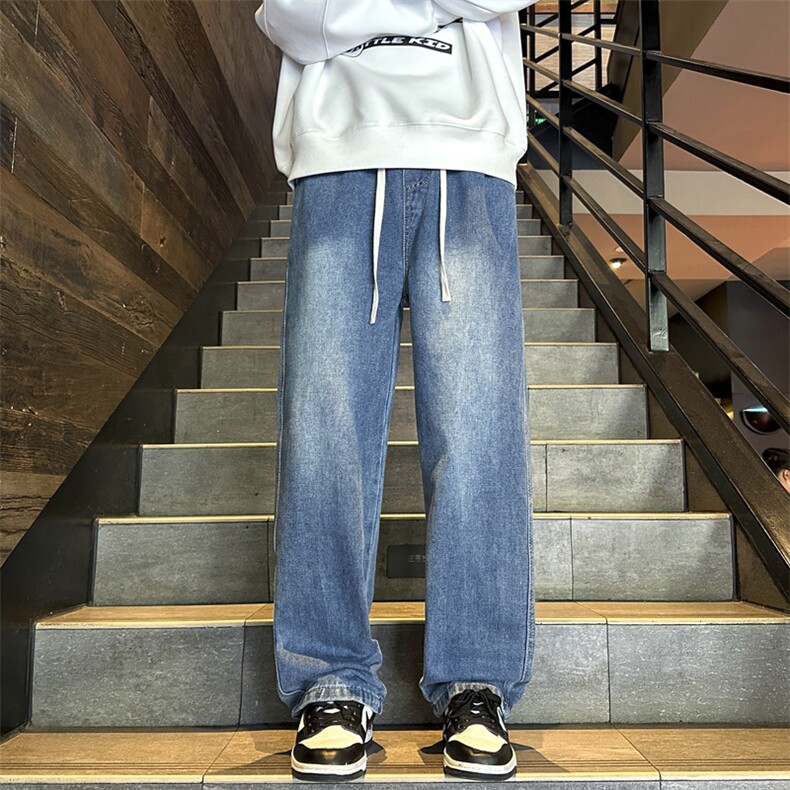 松紧腰美式高街直筒宽松牛仔裤男女水洗拼接休闲潮流系绳裤子,男装牛仔裤,星座410-7