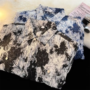 日系复古做旧拼色雪花牛仔夹克男情侣bf宽松休闲帅气外套J2194P65图片