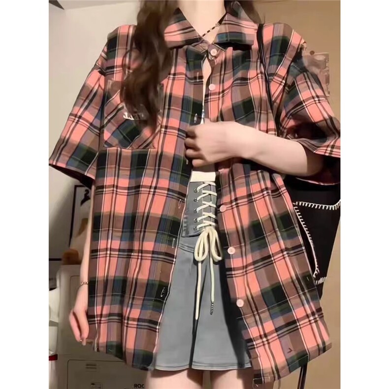 美式复古甜酷格子短袖衬衫女春夏2025新款设计感小众宽松衬衣外套,男装衬衫,星座506A