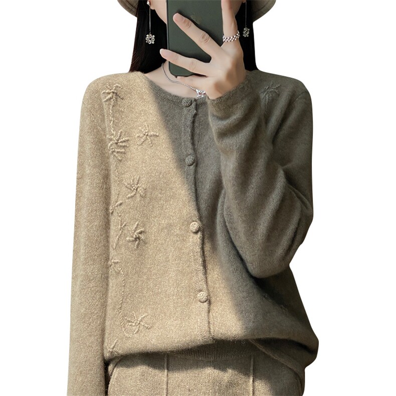 2024年秋冬季新款女时尚百搭显瘦长袖单排扣羊毛开衫,女装羊毛衫,暖圣羊羊绒