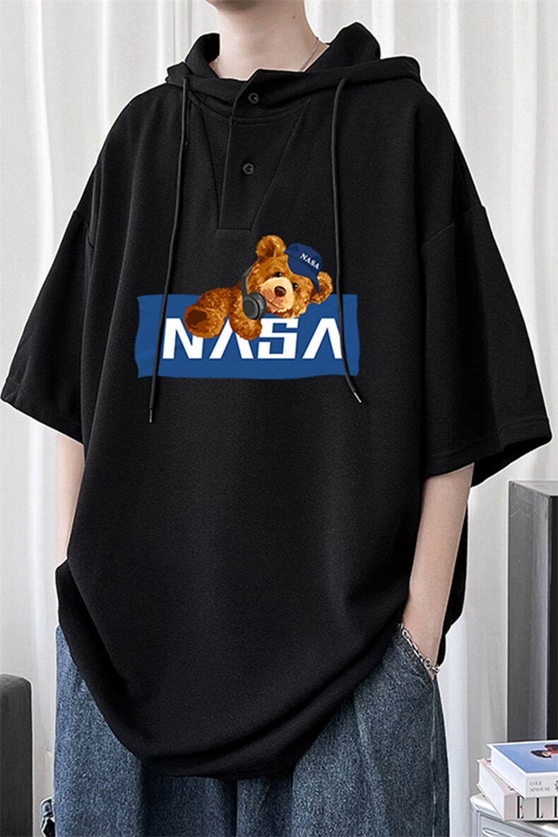 LD54247-P45NASA连帽短袖t恤男大码胖子带帽五分袖中袖,男装T恤,电商A040