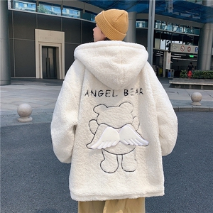 冬季新款宽松小飞熊刺绣羊羔毛棉服连帽情侣棉衣 A071-1009-P120图片