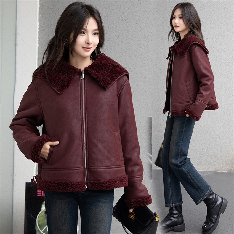 现货2024冬新款海军大翻领短羊羔毛皮毛一体加绒加厚外套韩系，女装羊羔毛/颗粒绒，美拉德工厂直营店