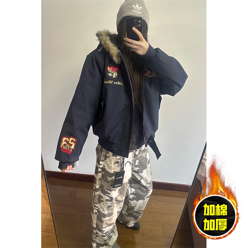 现货高品质美式高街重磅刺绣座山雕大毛毛领棉衣男女加厚棉服外套,男装棉衣,电商A486-1