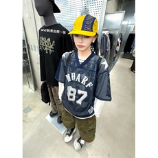 藏青色数字网眼球衣美式街头复古印花球服短袖t恤男女夏T190，男装T恤，星座1116A（原606A-3）