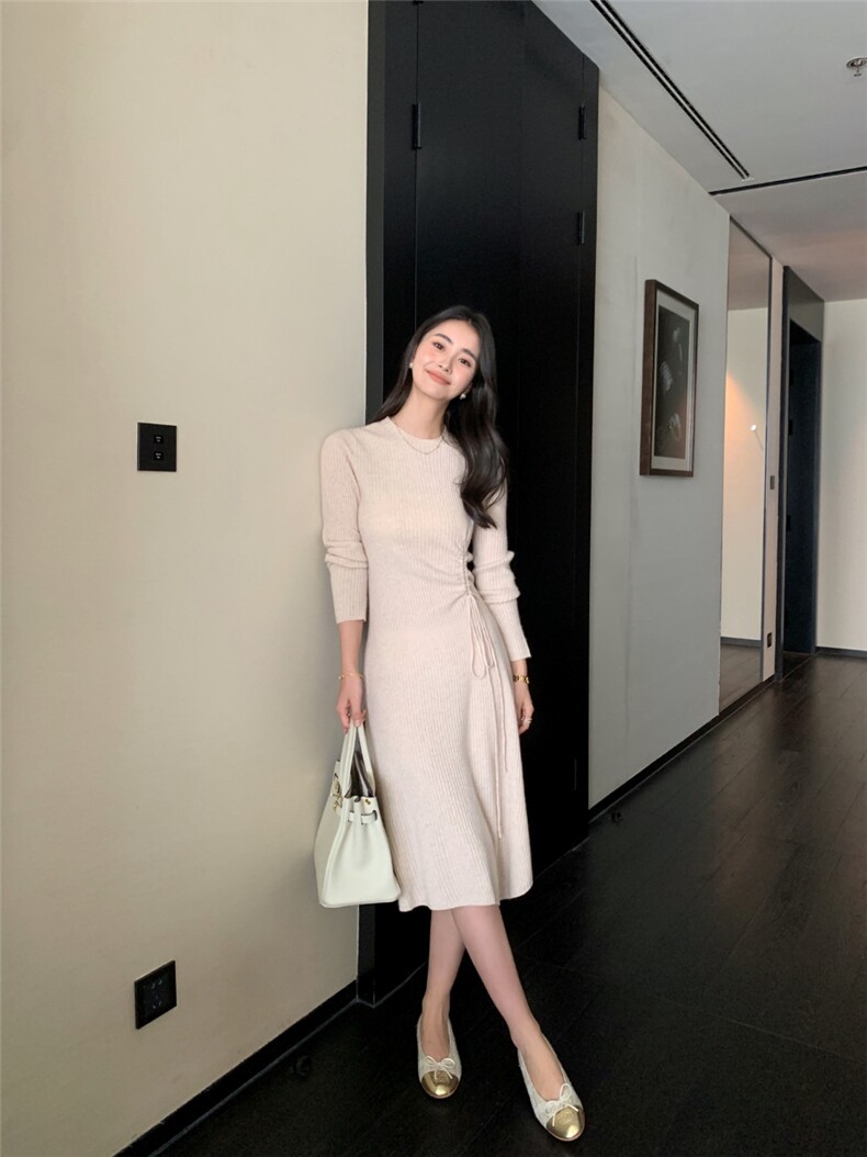 法式连衣裙女秋冬修身纯色套头中长款毛衣裙过膝针织连衣裙子,针织衫/毛衣,玛卡隆羊绒
