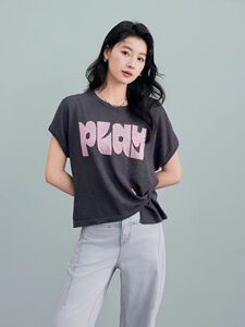 夏季不规则纽扣针织衫薄款字母短袖上衣女图片