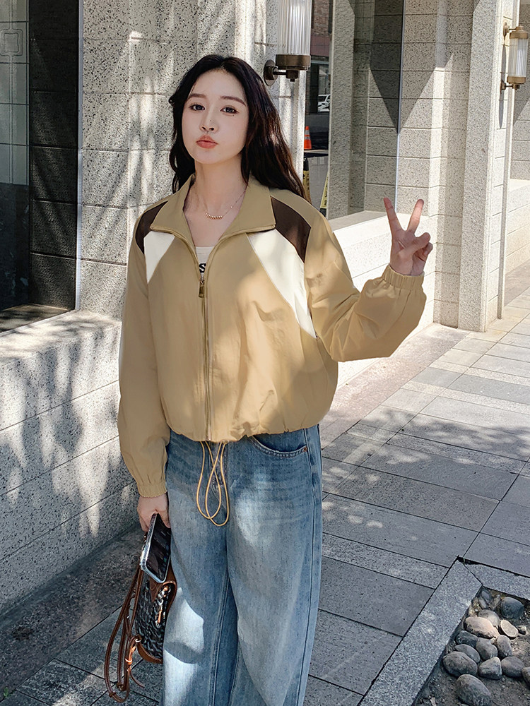 米白色休闲时尚撞色拼接外套女2025春季新款小个子设计感宽松夹克,女装短外套,鑫慧