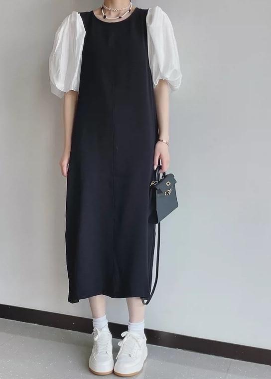 夏季新款欧货洋气拼接泡泡袖连衣裙,女装连衣裙,L·H·X