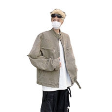 水洗灰色立领牛仔外套男春秋复古潮牌拉链短款外套美式哈灵顿夹克，男装工装外套，星座505-2（原电商A260-1)