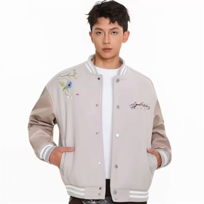 网图 美式潮牌绣花棒球服夹克男2026秋季拼接宽松外套图片