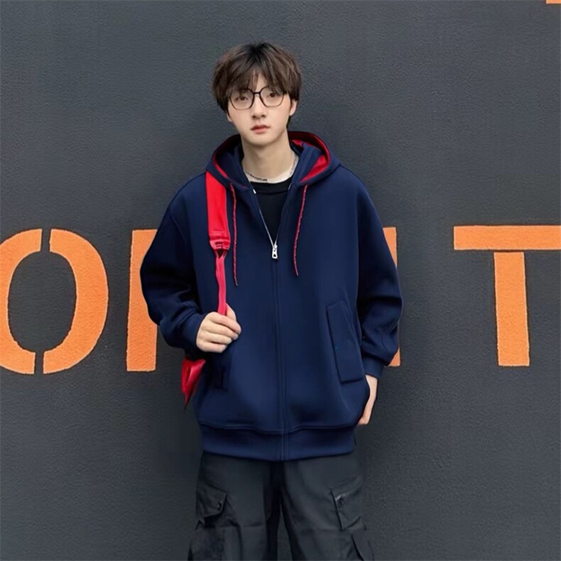 抖音得物二开美式高街重磅结构双层撞色连帽卫衣开衫外套W116，女装短外套，电商A486-1