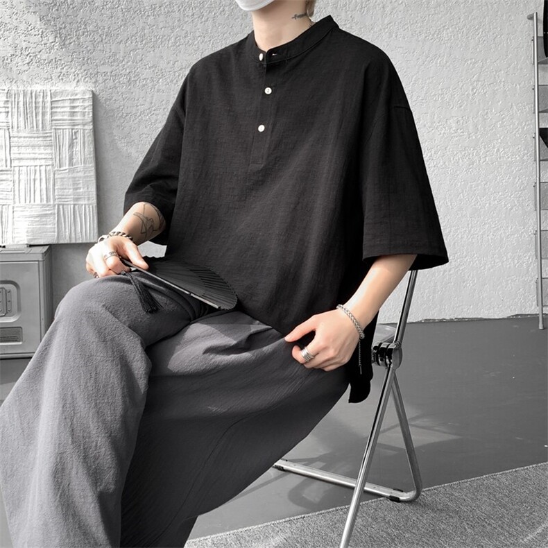 8XL-M中式立领棉麻T恤特大码亨利领亚麻短袖polo衫半袖DX1210/P45,男装T恤,电商B238