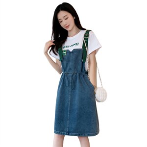 背带裙套装韩版通勤牛仔裙女夏新款连衣裙印花套头休闲韩版中长款图片