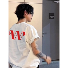 抖音得物210克现货宽松纯棉美式潮牌印花落肩袖纯棉T恤AT211114，男装T恤，电商A443