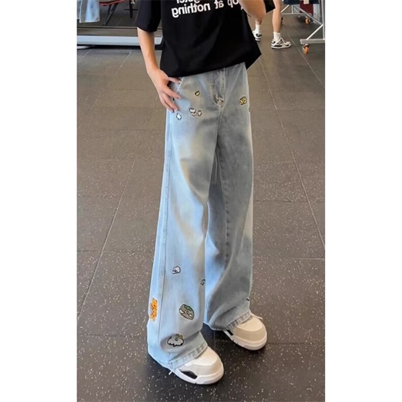 宽松卡通刺绣弯刀牛仔裤男女美式复古水洗阔腿休闲裤气质NG958,男装牛仔裤,星座1116A（原606A-3）