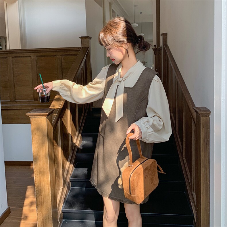 小香风系带衬衫咖色背心连衣裙套装女春秋减龄轻熟小众不撞款裙子,女装套装/套裙,2D035