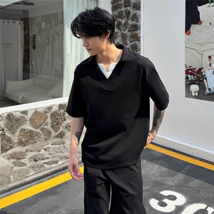 韩系拼接V领假两件轻奢风系带百搭条纹衬衫领短袖T恤TX332图片