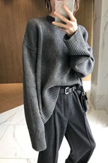 重磅加厚圆领女宽松显瘦慵懒风百搭针织衫打底毛衣，女装针织衫/毛衣，半城羊绒