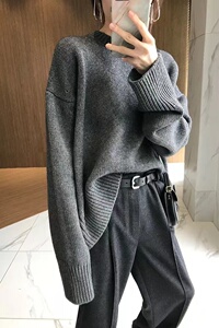 重磅加厚圆领女宽松显瘦慵懒风百搭针织衫打底毛衣图片
