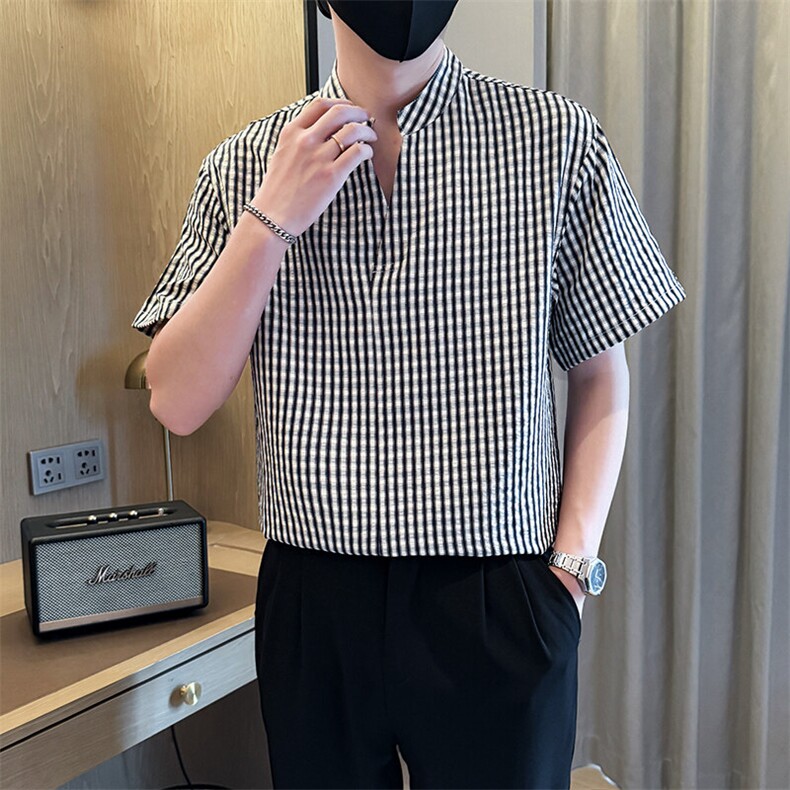 夏男立领格子衬衫男休闲宽松休闲衬衣小伙A236-82560-P60,男装衬衫,电商A236