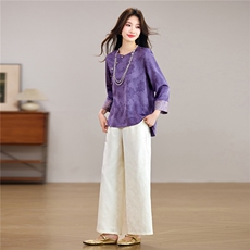 现货！春季新款新中式洋气套装百搭款圆领上衣+裤子两件套装女，女装套装/套裙，宝儿家
