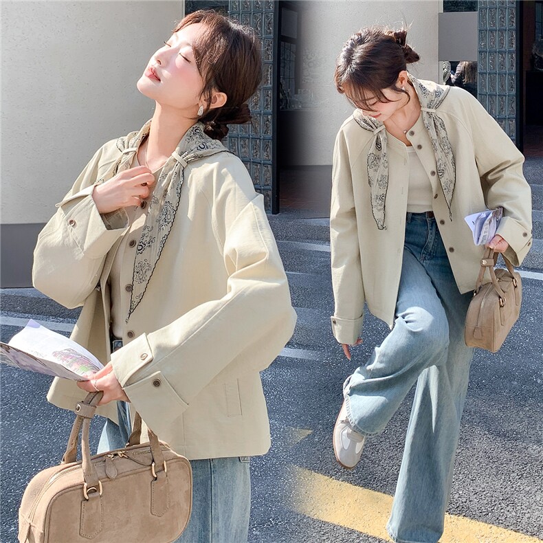 2026春装新款气质韩版短款风衣夹克外套女送丝巾，女装风衣，时尚风爆