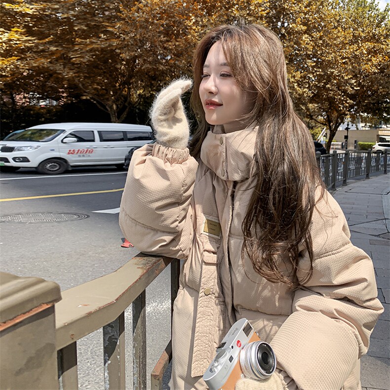 连帽立领撞色贴标时尚个性外套女2025新款冬季学生棉衣C462-100图片