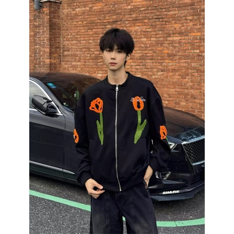 植绒刺绣棒球服夹克外套男女设计感郁金香花卉上衣男JKB1021,男装夹克,星座516A