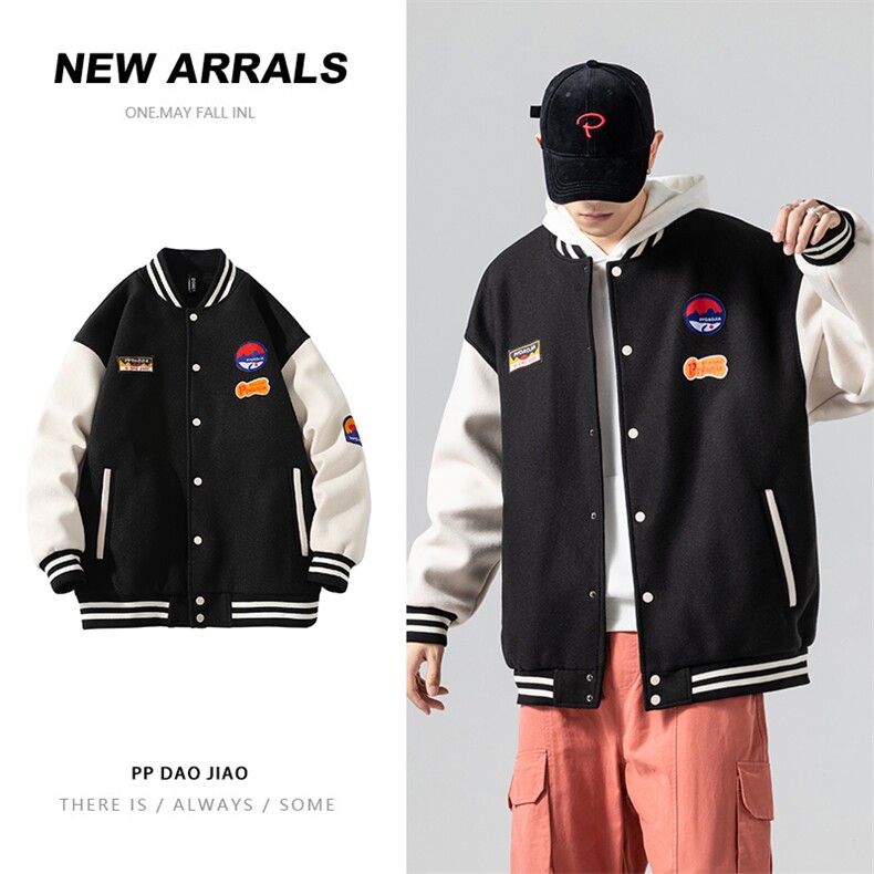 2024春季新款拼接呢料大码休闲boy无影墙贴布标棒球服J6720-P85图片