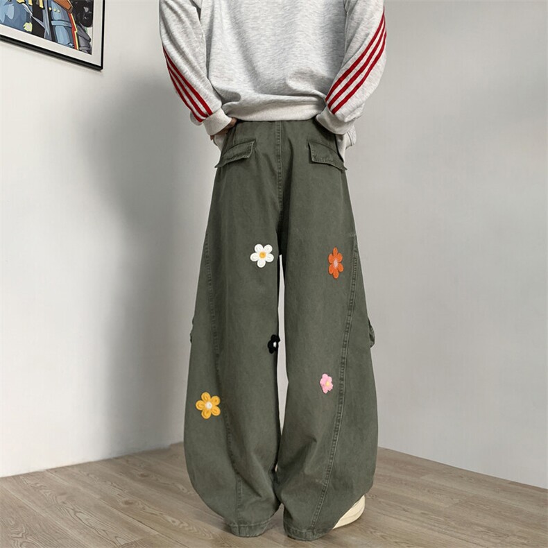 美式军绿色花朵刺绣工装牛仔裤男女2025春秋新款直筒宽松阔腿裤,男装牛仔裤,星座601-2