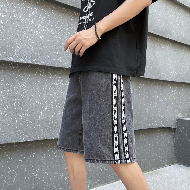 侧边编织牛仔短裤男夏季2023新款休闲宽松五分男运动裤N06652-P38,男装牛仔裤,星座308B-1