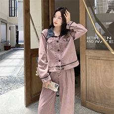 甜酷风撞色牛仔两件套女2025秋季新款洋气炸街美式休闲高腰阔腿裤，女装套装/套裙，2C317