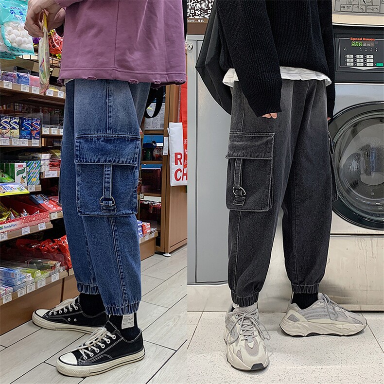 19冬季港风工装牛仔裤渐变新款时尚多口袋侧袋束脚裤子K40P60控75,男装牛仔裤,电商A102B