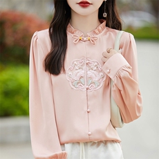 立领盘扣复古新中式缎面真丝开衫女春秋新款刺绣拼色长袖外搭上衣，女装衬衫，臻维羊绒