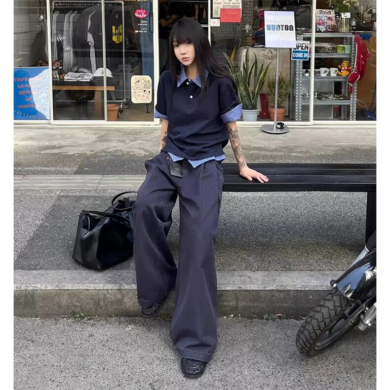 得物抖音高品质二开夏季美式潮牌高街假两件格子衬衣翻领短袖T恤,男装T恤,电商A486