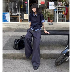 得物抖音高品质二开夏季美式潮牌高街假两件格子衬衣翻领短袖T恤，男装T恤，电商A486