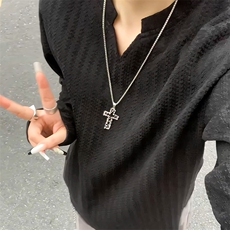 美式高街千鸟格子长袖T恤男女亨利V领英伦雅痞休闲宽松长袖打底衫，男装T恤，电商A443