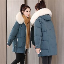 棉衣女2021年冬季新款女装时尚休闲加厚中长款连帽大毛领羽绒棉服，女装棉衣/棉服，关键词