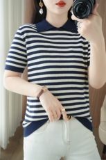 25年夏娃娃领撞色条纹纯棉短袖T恤宽松休闲套头翻领棉麻半袖上衣，女装T恤，品高羊绒