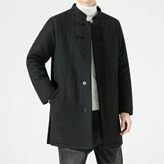 M2230^风男士盘扣立领纯色亚麻中长款羽绒棉服加厚棉衣外套，男装棉衣，钱塘777(原3023)