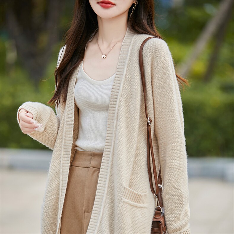 中长款100%纯羊毛针织开衫女宽松慵懒风无扣带兜休闲羊绒外套大衣,女装羊毛衫,狄美羊绒