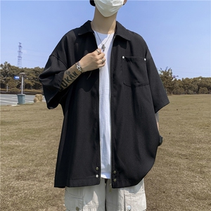 DC409-P35暗黑日系风男装高街潮牌拉链衬衫男短袖高级感衬衣外套图片