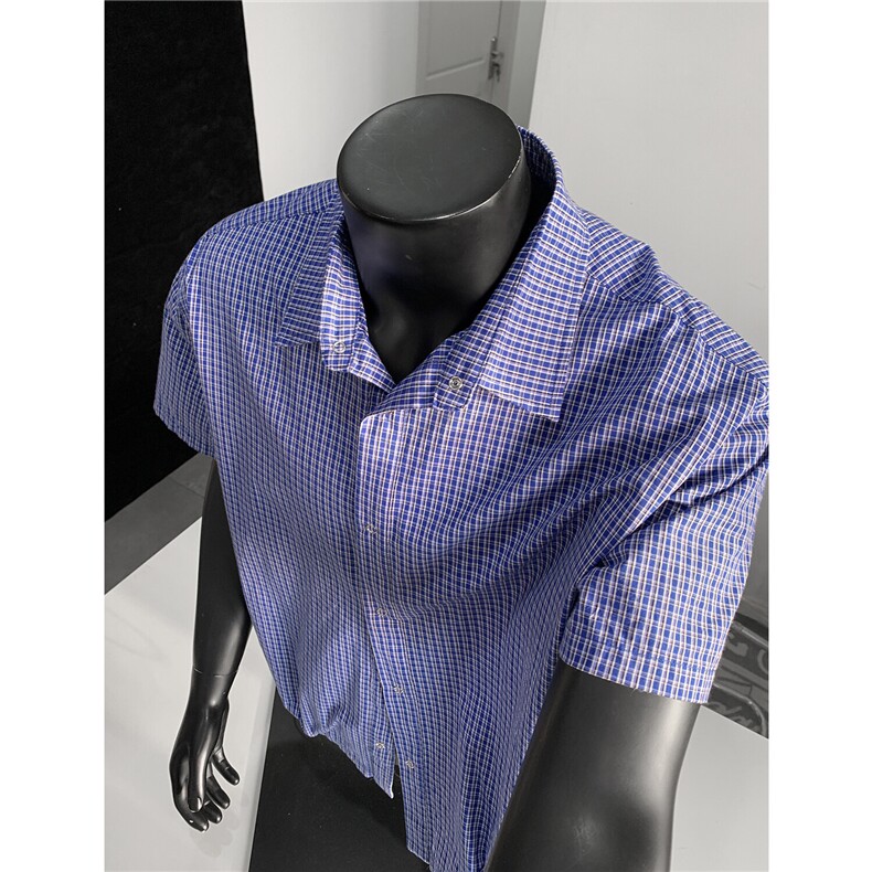假模图蓝色格纹抽绳短袖衬衫cleanfit短款上衣男H1095特P45，男装T恤，电商A341