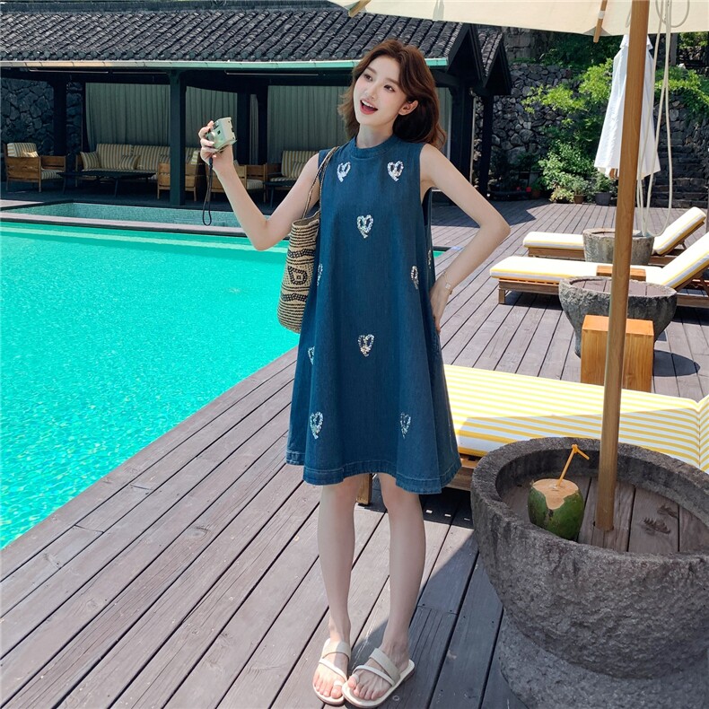法式爱心无袖背心蓝色牛仔连衣裙女夏2025新款小个子裙子大方得体,女装牛仔裙,浙宝193A