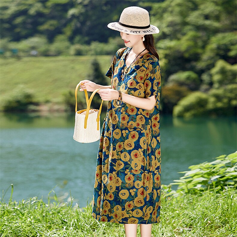 夏天宽松大码印花短袖连衣裙女2025新款洋气减龄显瘦棉麻碎花裙子,女装连衣裙,倪叶myz