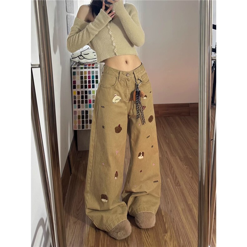 有货。。小狗刺绣卡其色牛仔裤女宽松垂感阔腿长裤K6950-特批P47,男装牛仔裤,星座412-3