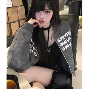 复古字母印花棒球服外套男女春秋飞行员夹克皮上衣 JA891图片