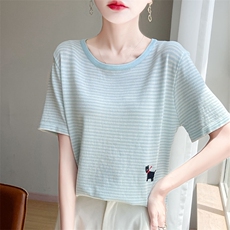 圆领条纹短袖T恤女2025夏新款宽松休闲薄款百搭针织小衫半袖上衣，女装针织衫/毛衣，萱芳婷羊绒