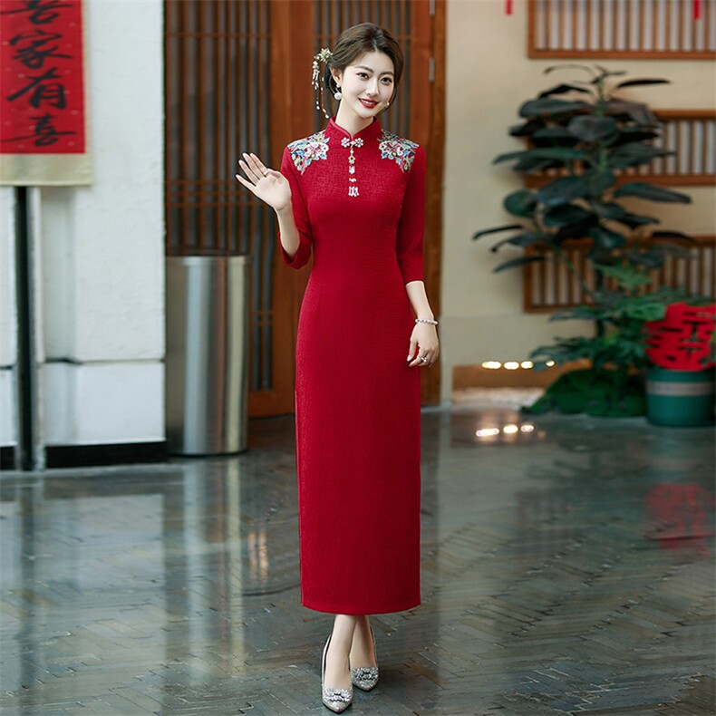 新中式风加厚贴花弹力复合蕾丝提花长款旗袍2555P150,女装汉服/婚纱/旗袍/礼服,乐衣轩